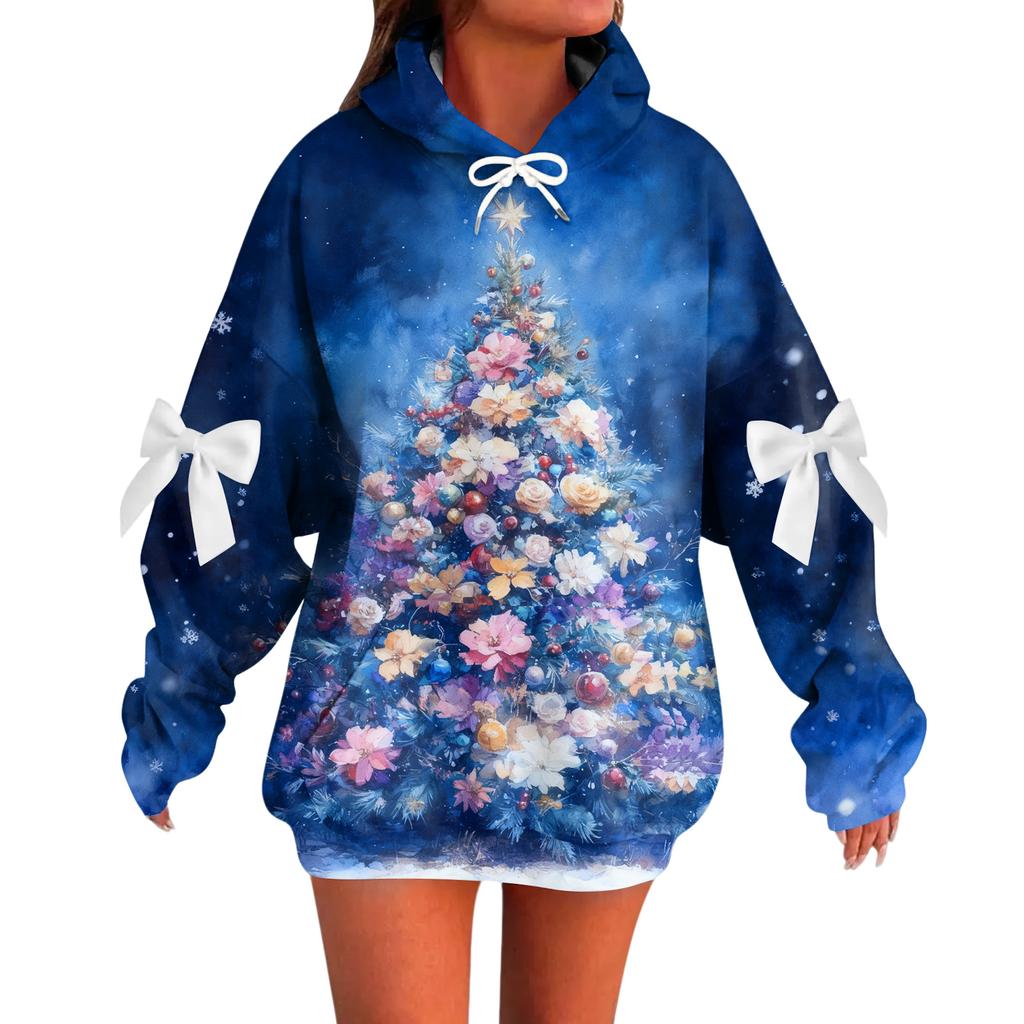 Ladies' Christmas Printed Bow Long Sleeved Loose Fitting Headband With Rope Hooded Sweatshirt Top