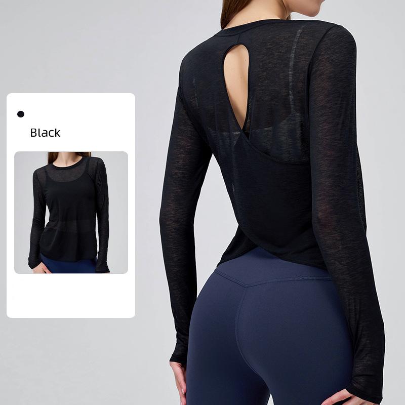 Women Backless Loose Yoga T-shirts Summer Round Collar Long Sleeve Fitness Breathable Sporty Yoga Tshirt Tops Female Sportswear