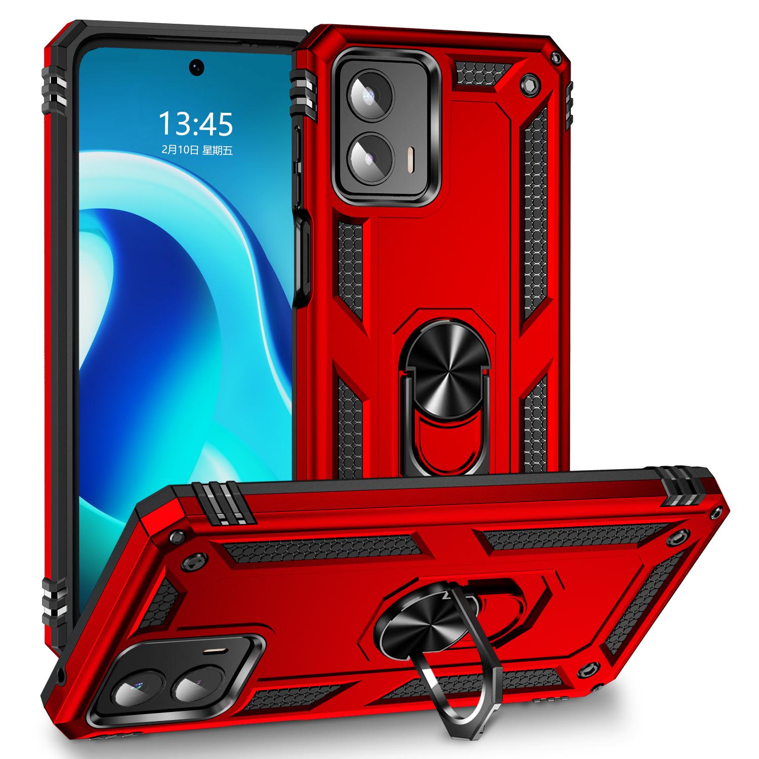 

For Motorola Moto G 5G (2023) Hard Anti-scratch Phone Shell Ring Holder Kickstand PC+TPU+Metal Phone Cover Red