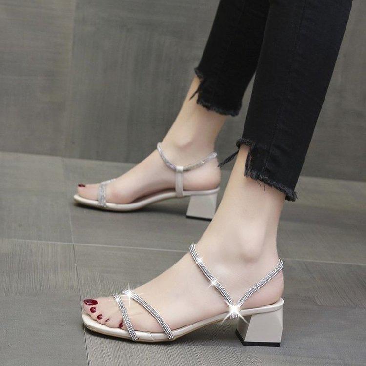 Sandals fairy fairy wind 2025 new rhinestone word with thick heel Roman high heels Internet celebrity two wear summer women's shoes