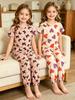 2-piece Girls' Summer Sweet Print Set, Children's Round Neck Short Sleeved Top, Elastic Waisted Pants, Comfortable Home Set