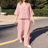ZANZEA Women Casual Two Piece Set 3/4 Sleeve Button Up Shirt and Wide Leg Long Pants Loose Matching Outfits