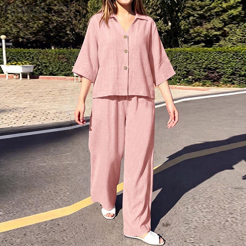 ZANZEA Women Casual Two Piece Set 3/4 Sleeve Button Up Shirt and Wide Leg Long Pants Loose Matching Outfits