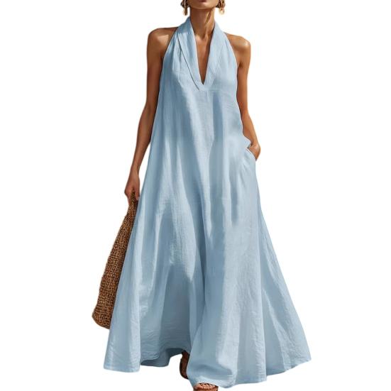 

Summer Maxi Dress for Women Casual Sleeveless Halter V Neck Lapel Long Dress Beach Vacation Flowy Sundress with Pockets M