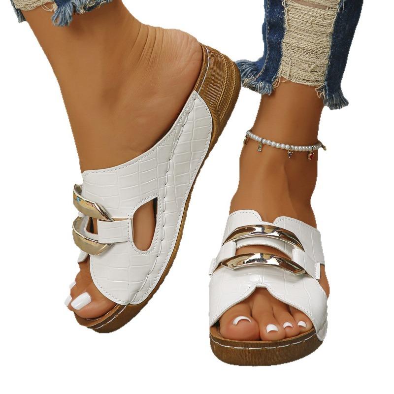 Women's Wide Width Peep-Toe Sandals, Metal Buckle Cutout Platform Wedges, Summer Outdoor Slides for Women