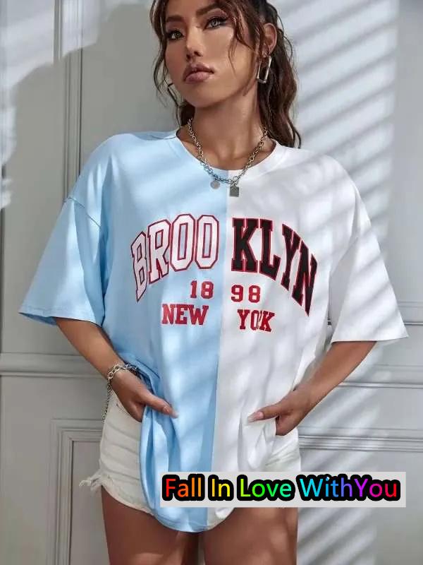 Women's Tshirt Color Block Brooklyn Letter 3D Print Harajuku O-neck Oversized Casual Short Sleeve Trend Y2k Streetwear Tops