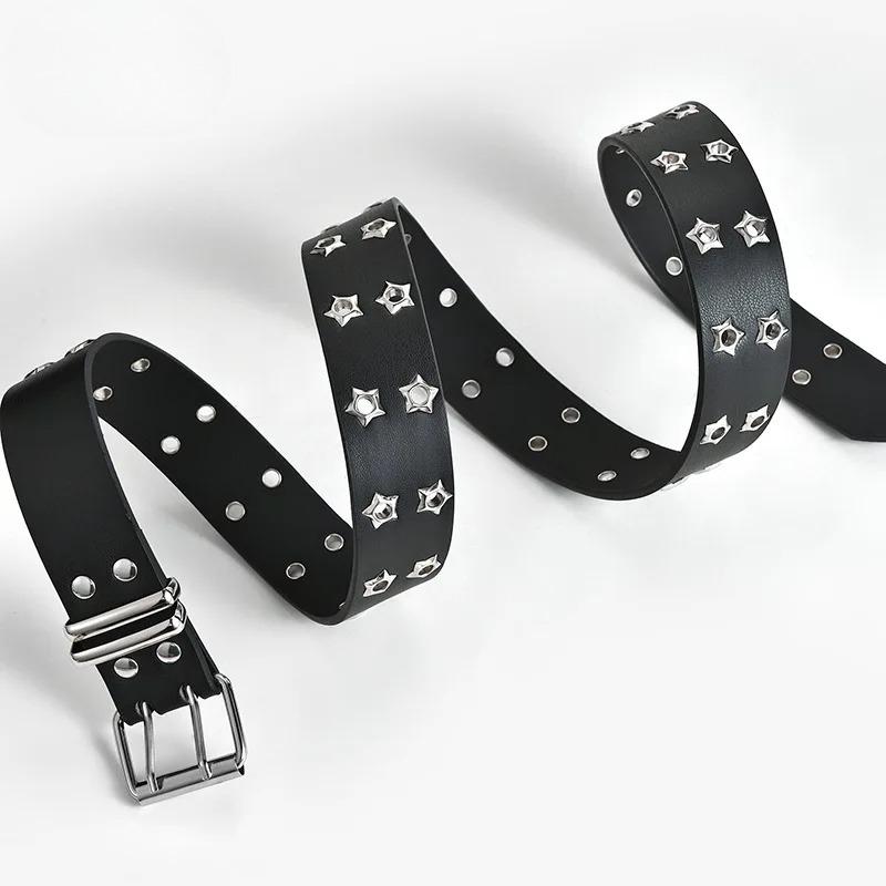Silberne Stern-Ösen-Niete Damen Gürtel Zweireihige Dornschließe Modischer Herren Gürtel PU Leder Gürtel Hip Hop Punk Rock Stil Jeans Gürtel