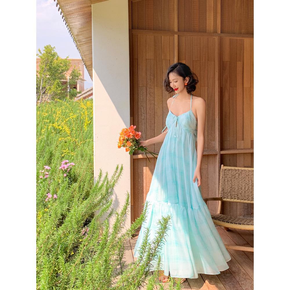 Purple mint green V-neck halter neck camisole dress dopamine resort fairy dress resort dress