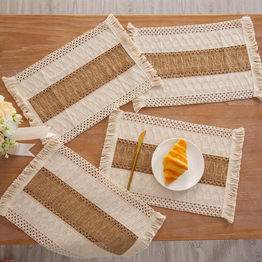 Boho Hand-Woven Cotton Placemats Set Rustic Table Mats Tassels Reusable Heat-Resistant Placemats Dining Table Party Decor