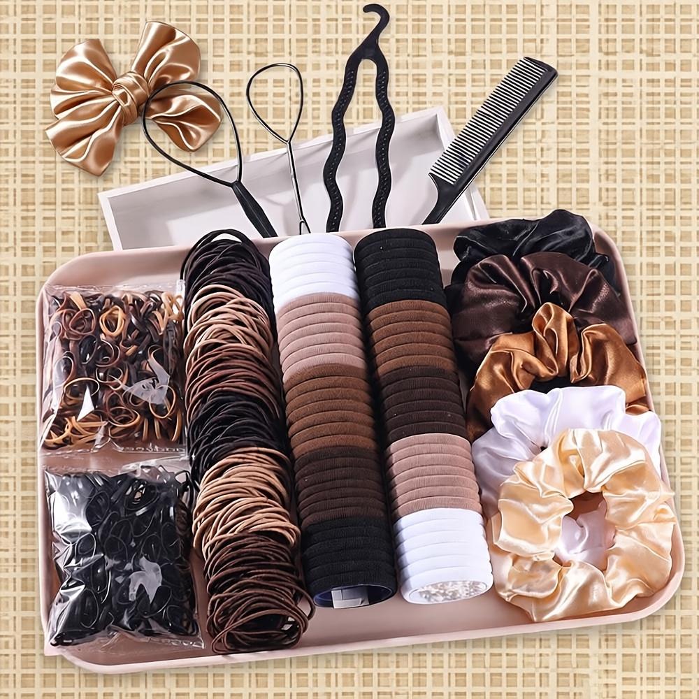 1109pcs Medela Color Series Casual Style Hair Tie Set, Including Dark Earth-tone Hair Ties and Seamless Hair Ties, Hair Elastics and Styling Tools