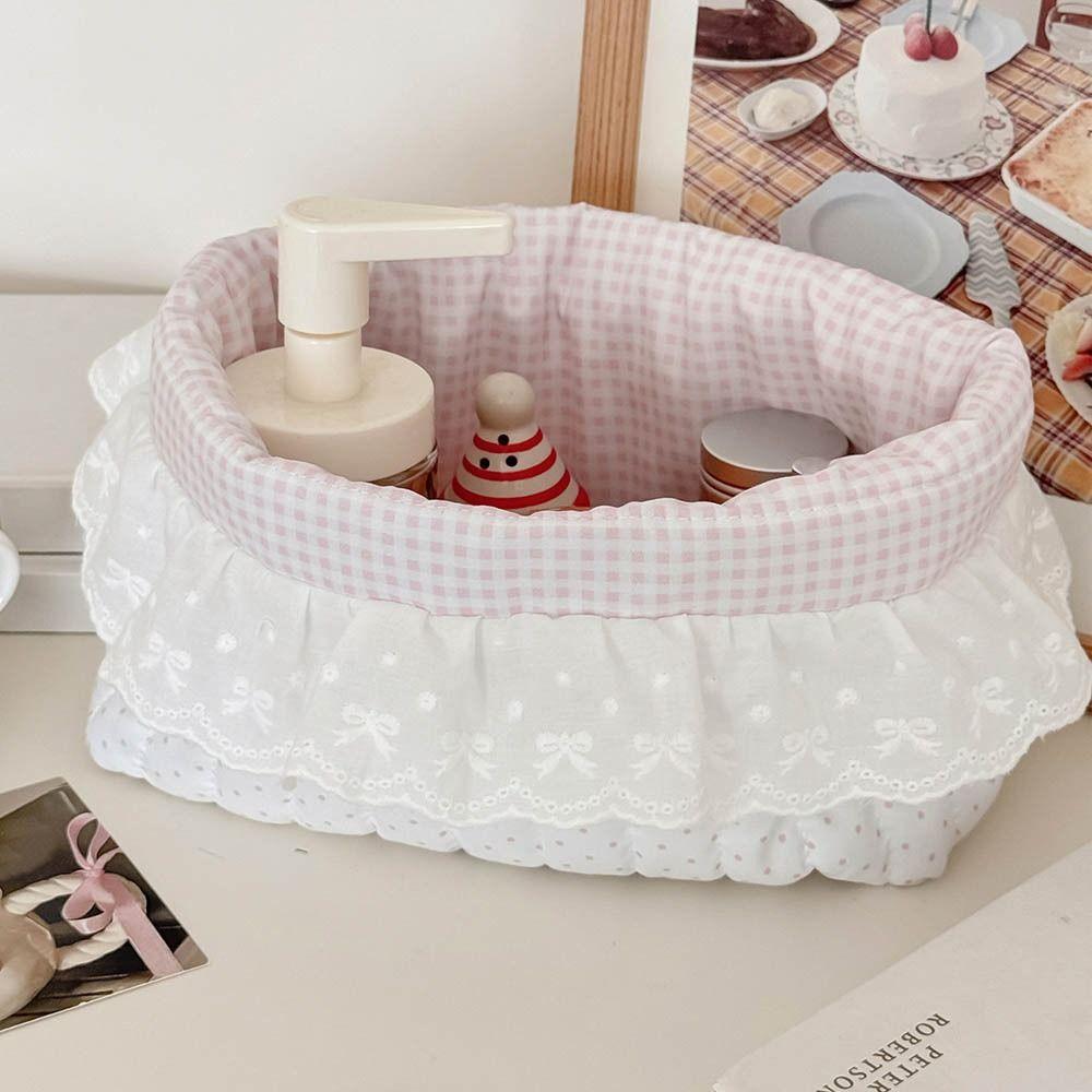 Cute Quilting Cotton Cloth Storage Basket Oval Lace Storage Box Foldable Pink Dots Organizer Box Organizer