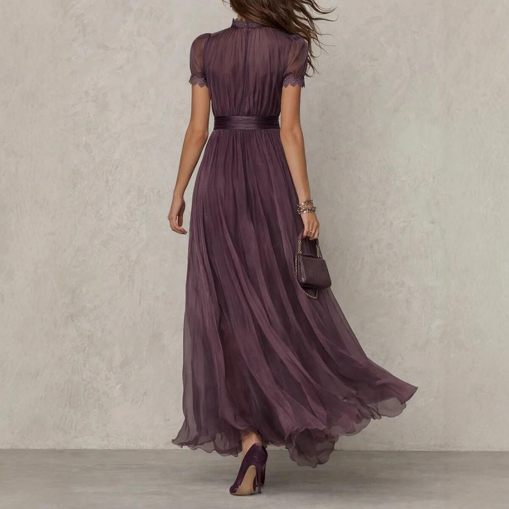 TIFICY Women's Fashion Summer Spring Solid Color Print Short Sleeve Stand-Neck High Waist Casual Dresses