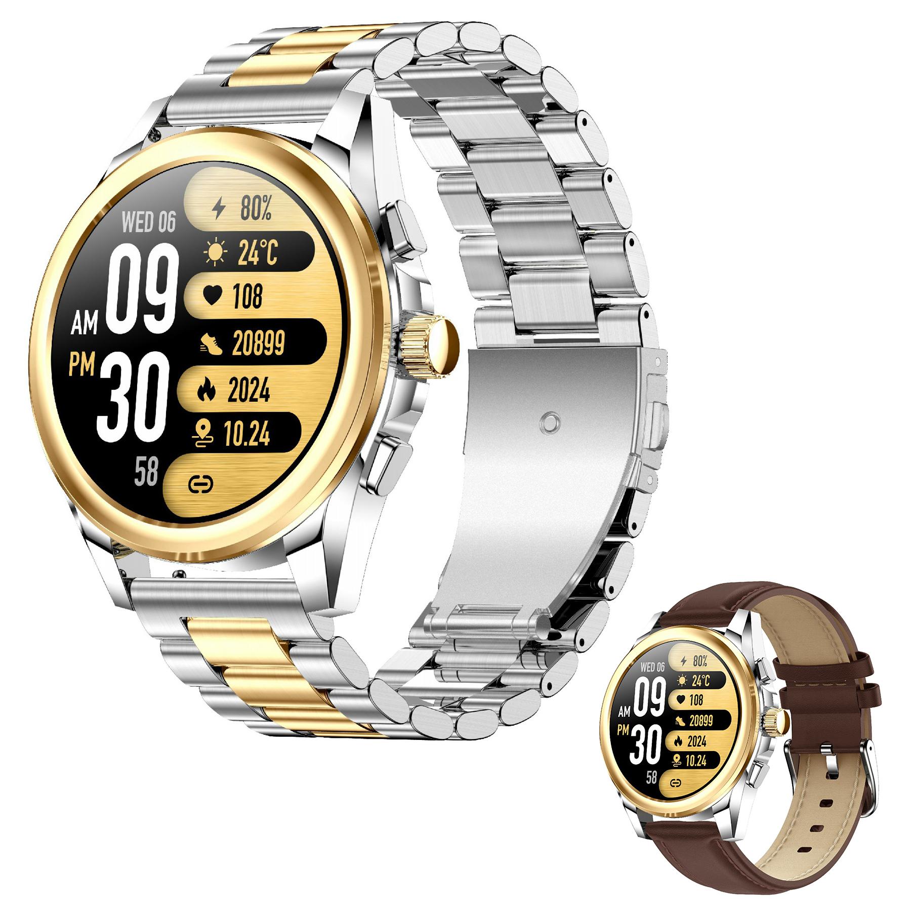 

KC83 AMOLED Экран Мужские Смарт-часы с Bluetooth-звонком 1ATM Водонепроницаемый Фитнес-браслет с 2 ремешками Gold