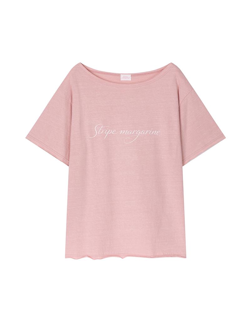 Seuteulaipeumagalin Lettering Pigment Off-Shoulder Vintage T-Shirt Pink