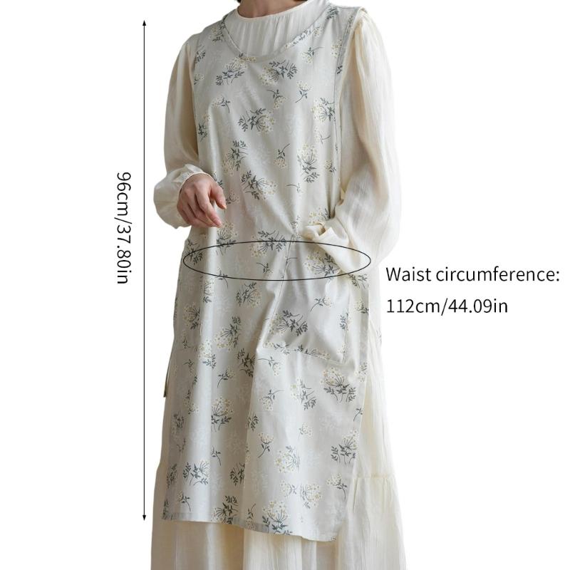 Cotton Linen Apron Split Neck Design Adjustable Tie Floral Pattern Large Pockets For Cooking Gardening