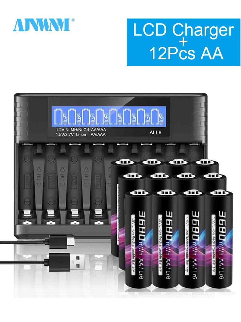 AJNWNM 1.5V AA Rechargeable Battery 3680mWh HR6 Lithium Battery With 1.5V AA AAA Lithium Battery Cahrger