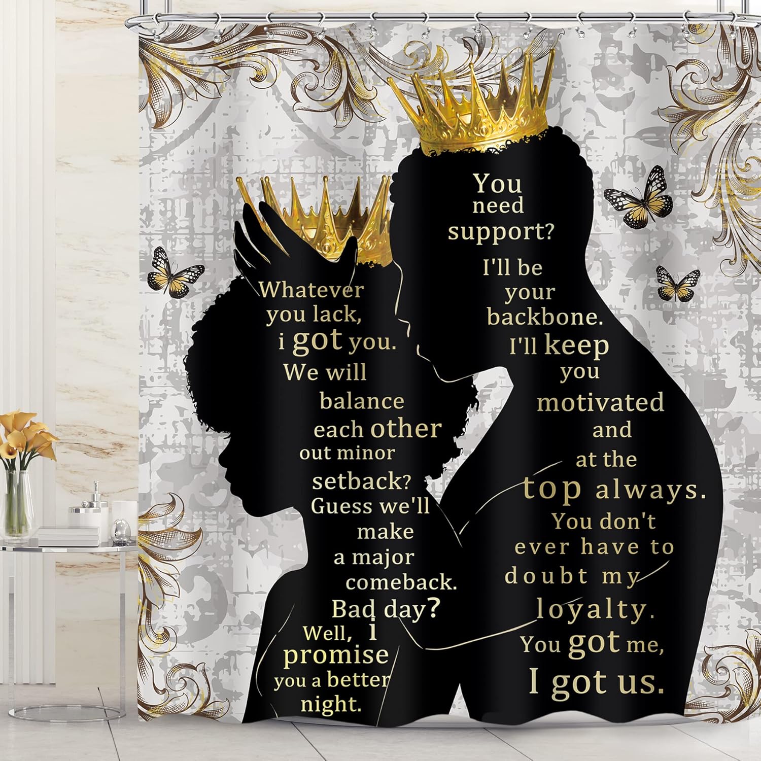 

Black Men S Shower Curtain African American King Portrait With Inspirational Quotes, Waterproof Fabric Bathroom Set With W60H190(CM)-1 Pcs