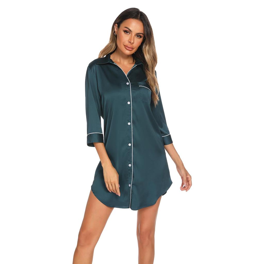 Women's Sleep Shirt Silk Imitation Long Sleeves Thin Night Shirt Ladies Pajamas Nightwear Sexy Sleepwear In Black Navy Green