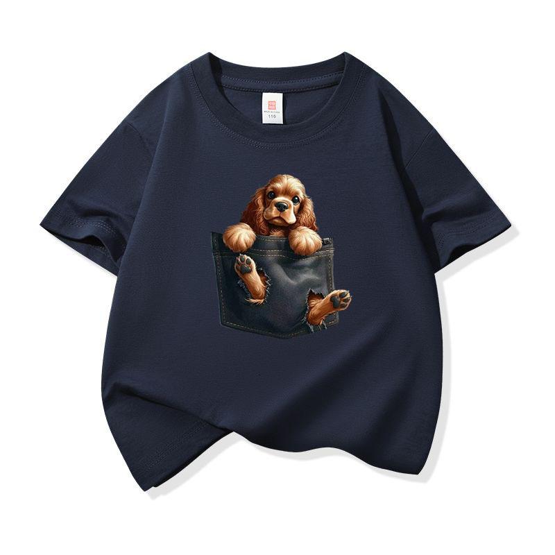 Kids Cotton T Shirt Charming Pocket Cocker Spaniel Dog Print Crew Neck Short Sleeve Tee Casual Breathable Boys Girls Summer Tops