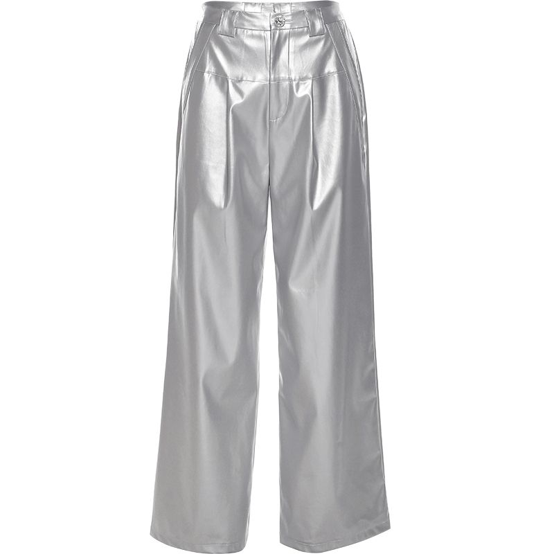 Edgy Punk Design Silver Shiny PU Leather Loose Draped Casual Trousers for Women