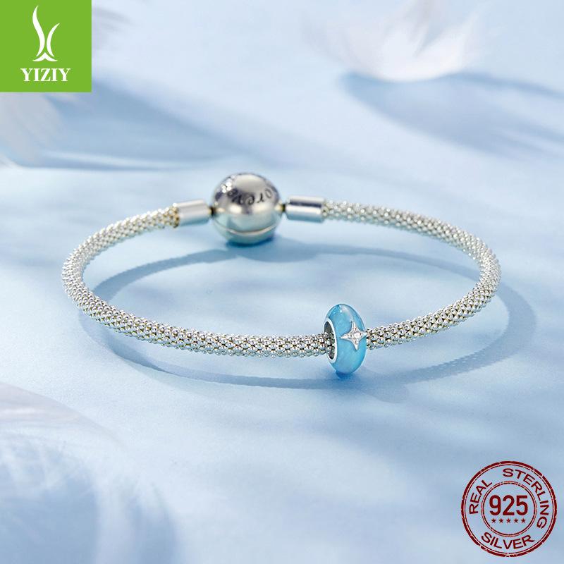 New 925 Sterling Silver Blue Dripping Oil Dream Galaxy Silicone Bead Diy Bracelet Beaded Accessories