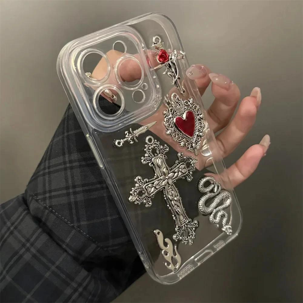 Luxury Bling Gothic Cross Love Heart Flame Snake Clear Phone Case For iPhone 17 16 15 13 12 11 Pro Max 14 Plus Epoxy Soft Cover