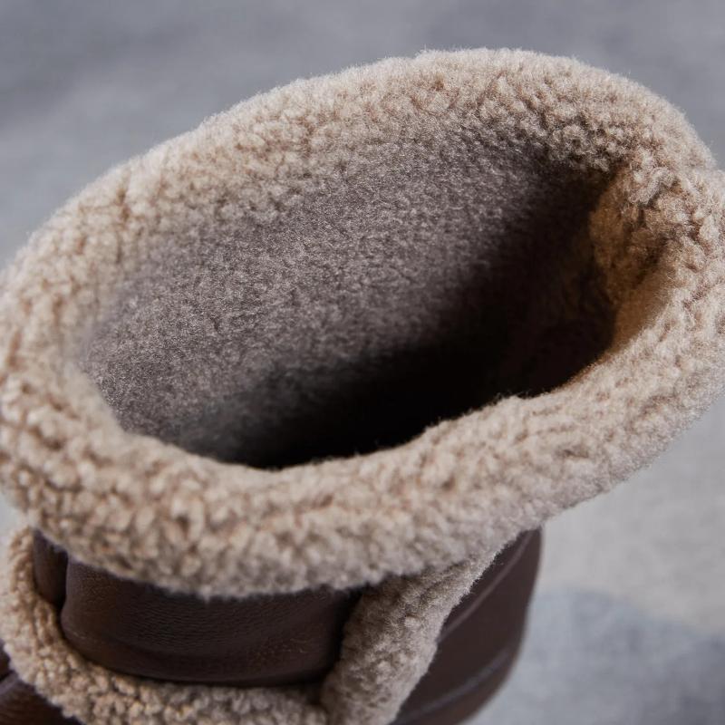 Johnature Genuine Leather Plush Thickened Women's Mid-calf Boots Casual Soft Soled Warm Cotton Shoes