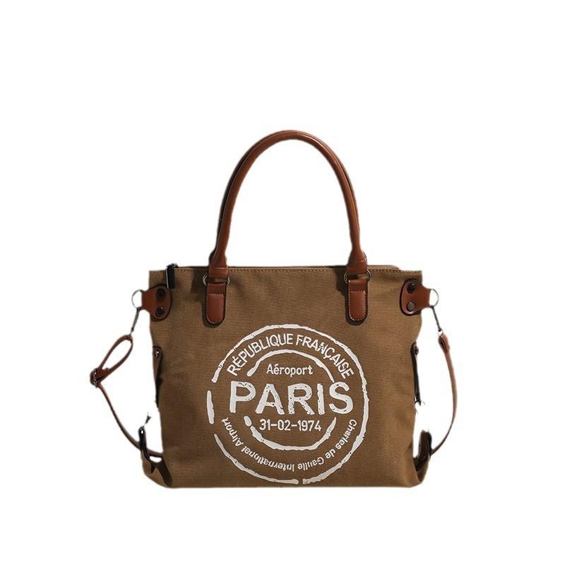 

Large Retro Canvas Tote Bags - Adjustable Girl Shoulder Strap Vintage Paris Stamp Print - Stylish Crossbody Bag for Women