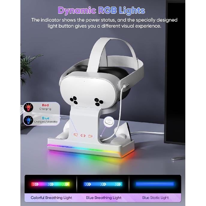 Charging Dock for Meta Quest 3 & Quest 3S, Fast Charging Station for Oculus Quest 3S/Quest 3 Accessories with RGB Light, Stand for VR Heatset with 2