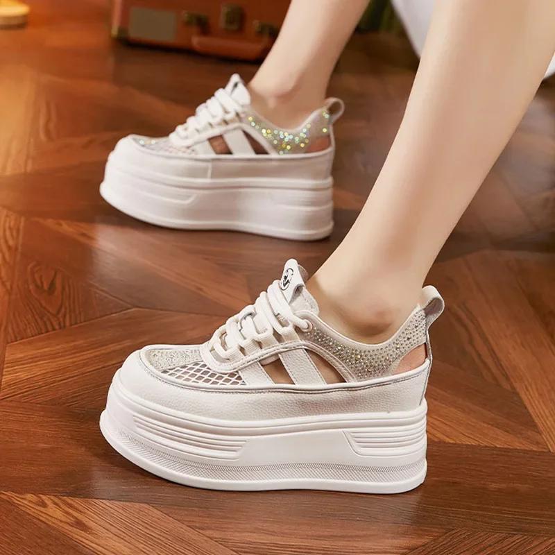 Fashion 8cm New Air Mesh Synthetic Leather Chunky Sneaker Breathable Hollow Platform Wedge Women Flats Shoes Sandals Summer Ethnic