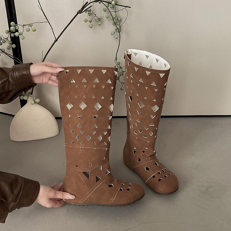 Spot second hair~ Bohemian niche design inner heightening knight boots women's hollow carved thin boots