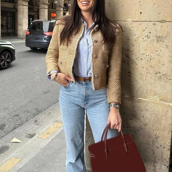 Jachete Blazer Tweed Crop pentru Femei Mânecă Lungă cu Nasturi Palton Scurt