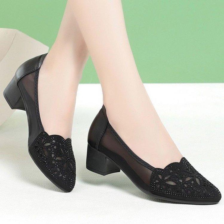 Rhinestone Bag Head Sandals Women's 2025 New Thick Heel Single Shoes Soft Sole Shallow Mouth Fashion Women's High-end Mesh Sandals