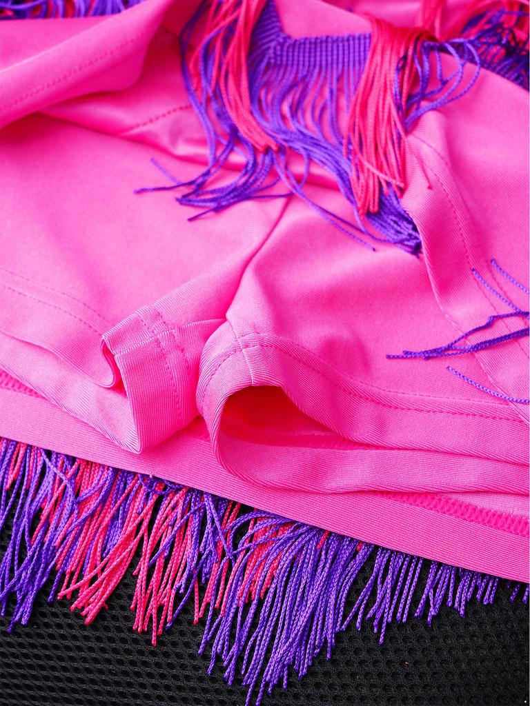 Eye-Catching Latin Dance Top with Skirt for Girls: Halter Neck Rhinestone Tassel Crop Top & Attached Briefs Skirt for Recital