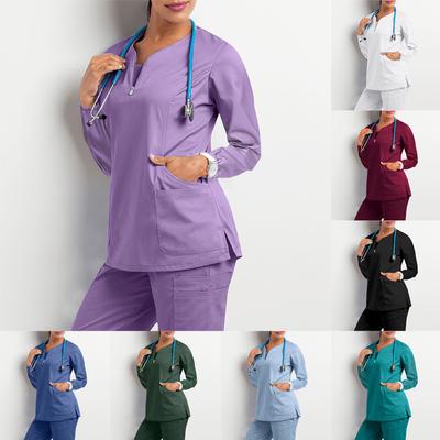 Abbigliamento da lavoro ospedaliero unisex a maniche lunghe Scrub elasticizzato Top da infermiera uniforme con scollo a V con tascaA