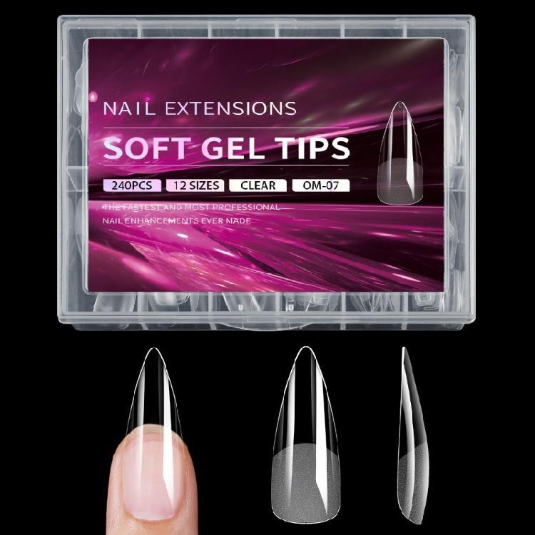 240pcs Almond Nail Tips Full Cover Clear Gel Extensions for Acrylic Nails 12 Size for Manicures with Box