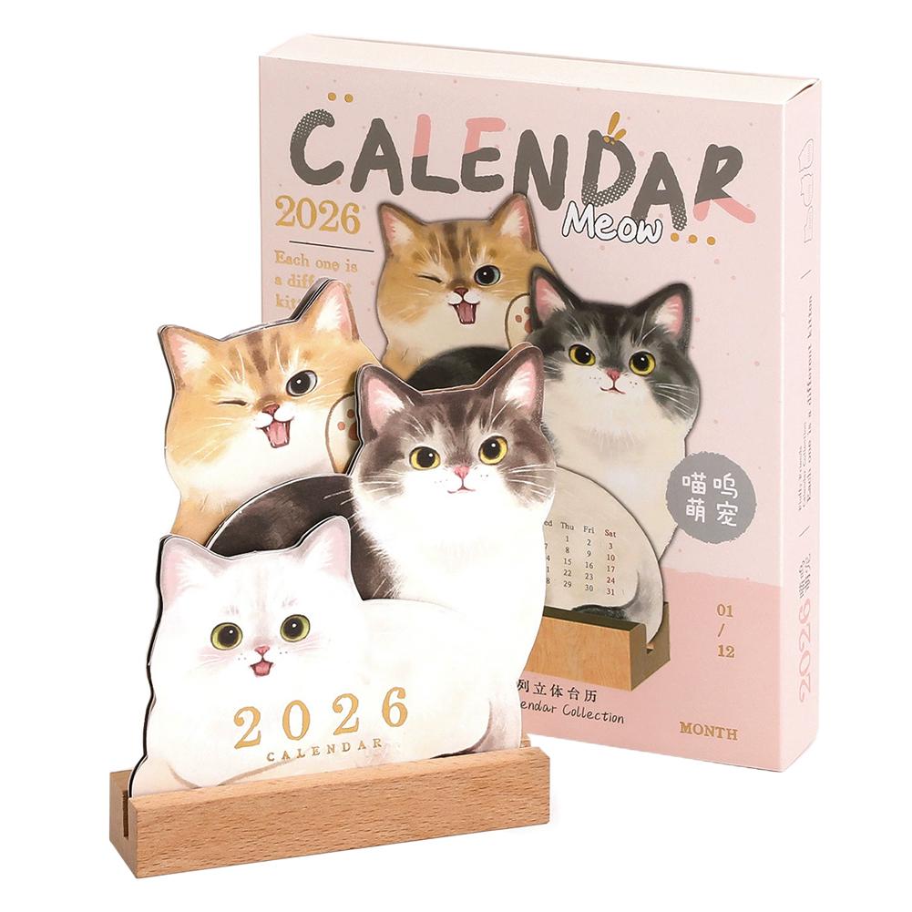 

2026 Cartoon Dog Cat Card Insert Desk Calendar Monthly Planner With Wooden Base Desktop Decor For Monthly Schedule Organizer