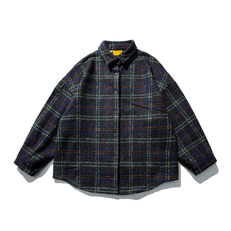 Autumn and Winter Japanese Department College Contrasting Color Plaid Shirt for Men and Women Couples BF Neutral Woolen Jacket Lapel Loose and Casual