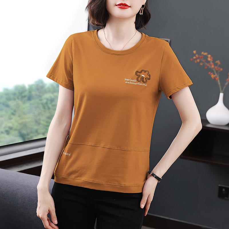Women's Spring and Autumn T-shirt New Bottoming Shirt Temperament Pure Cotton Short-sleeved T-shirt Middle-aged Casual Large Size Top