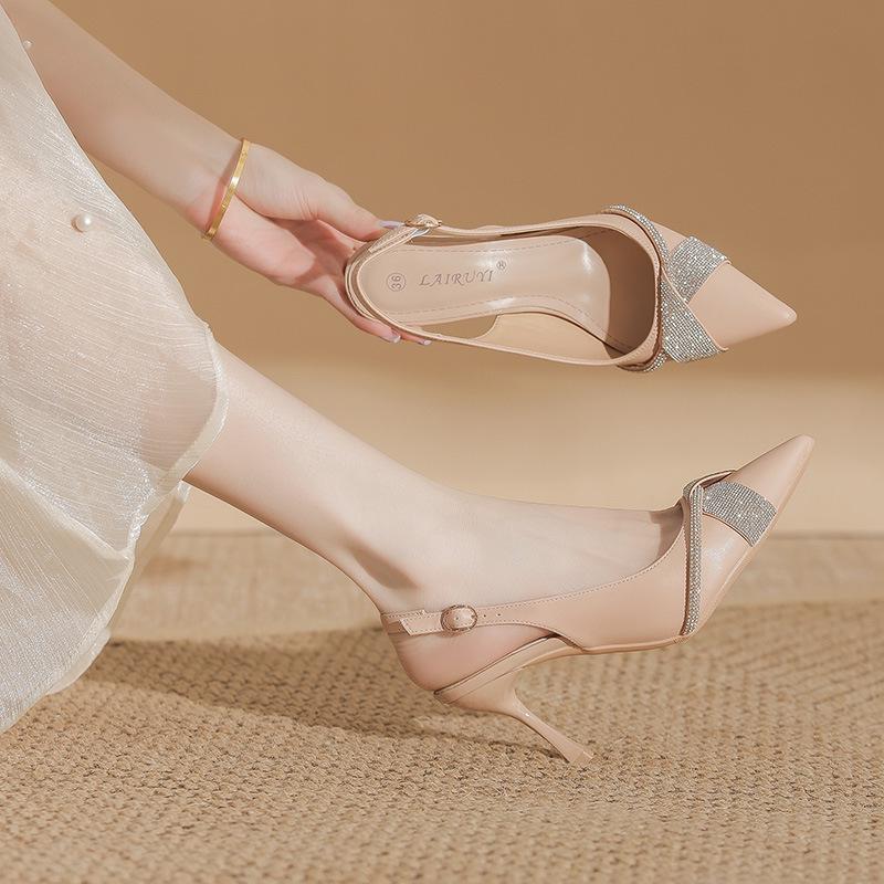 BYZ Backless Pointed Toe Stiletto Microfiber Rhinestone Buckle Heels - Versatile Commuter Work Shoes for Women