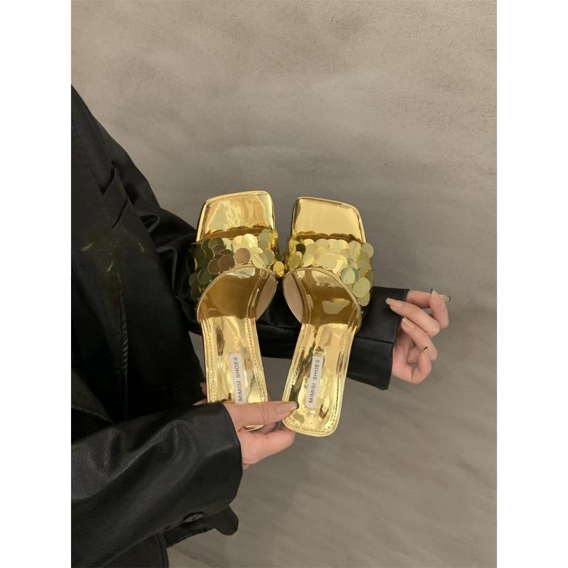 Summer new niche high-end cool slippers outer wear thin heel sequined high-heeled sandals women's shoes