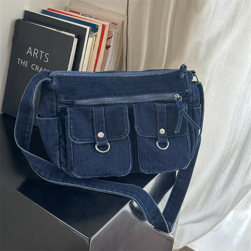 Denim Crossbody Bag Multi Pocket Shoulder Handbag with Adjustable Strap