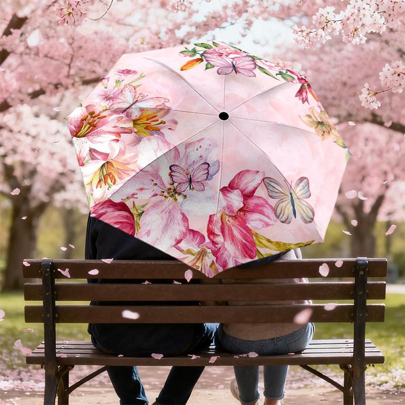 1 Stück Blumen Schmetterling Automatischer Faltregenschirm, Robuster 8-Rippen-Eisenrahmen, Geeignet für Reisen, Täglichen Gebrauch, Geburtstag, Dekorationsgeschenk m0104019