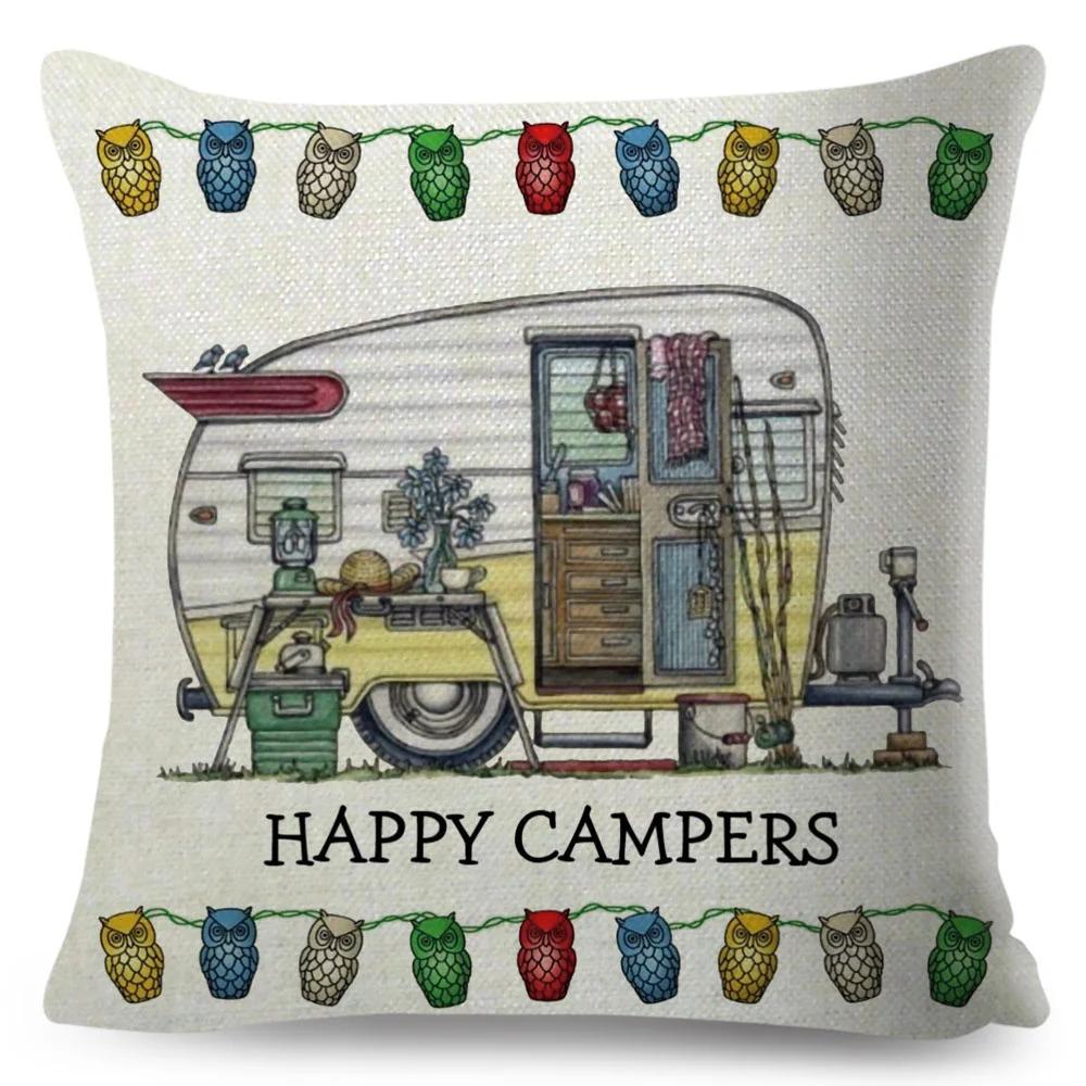 Happy Camper Pillowcase Decor Cartoon Travel Car Printed Pillow Case for Home Sofa Children Room Polyester Cushion Cover 45x45cm