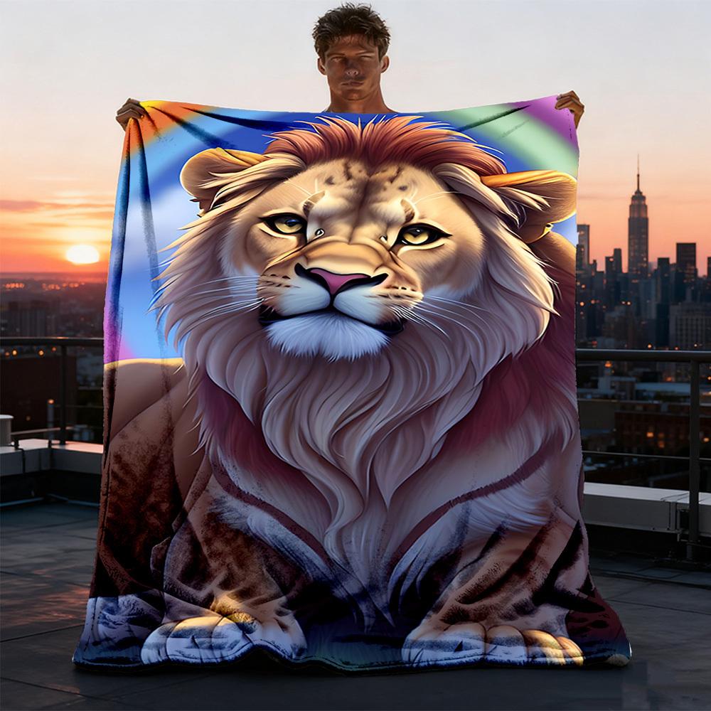 1pc Lion Print Throw Blanket Polyester Fiber, Lightweight Flannel, Soft & Warm, All Season Use for Outdoor, Camping