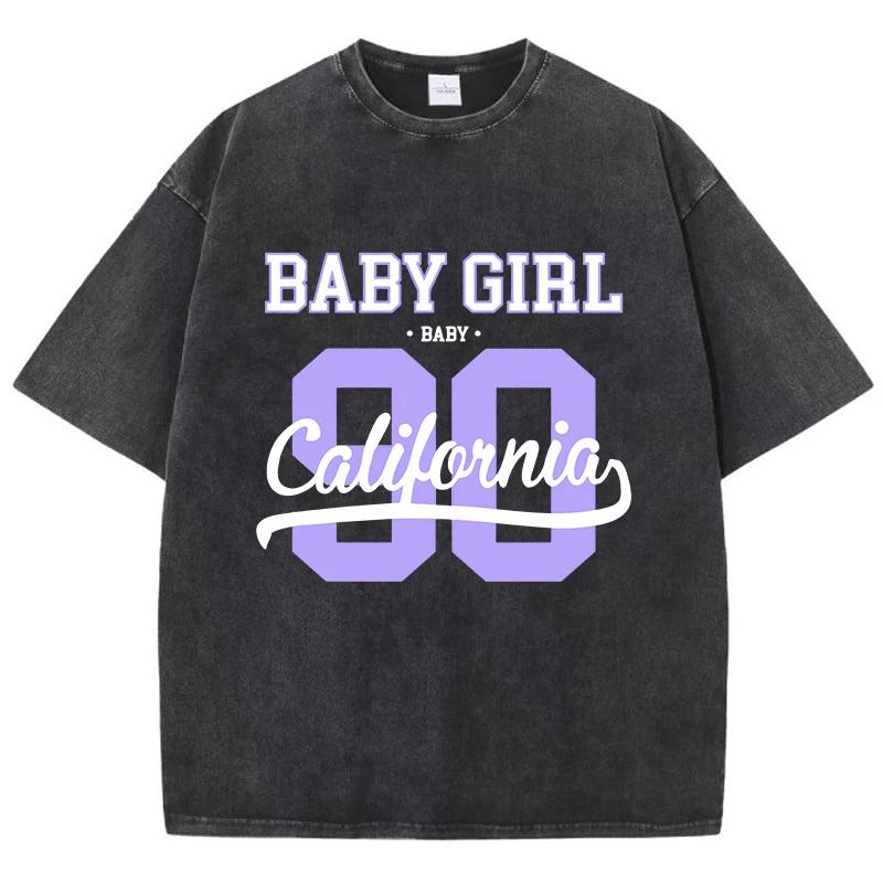 Street Womens Acid Wash T-Shirts 90 California Letter Printing Tees Oversize Crewneck Cotton Short Sleeve Summer Clothes