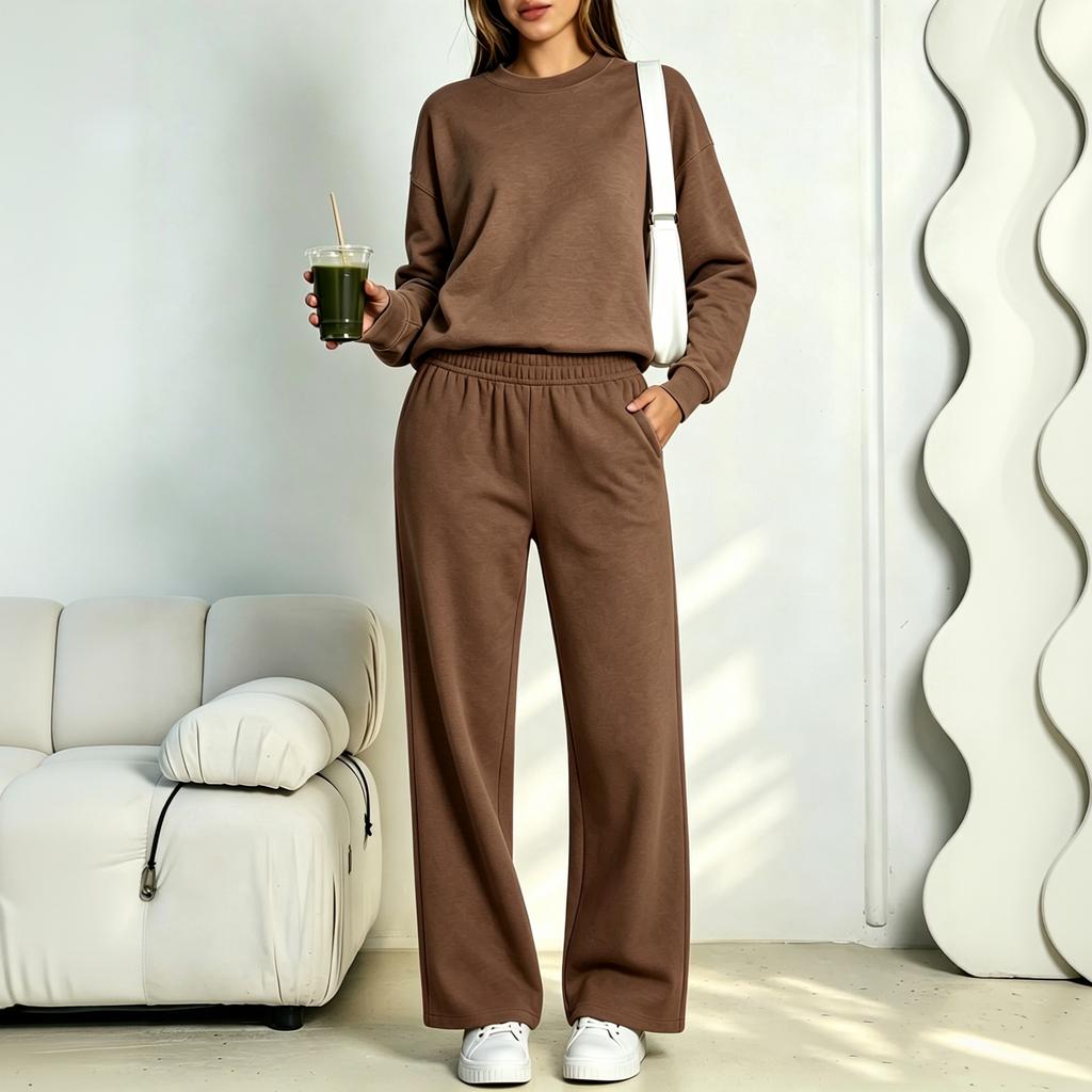 Felpa con Collo Colorato da Donna e Pantaloni Larghi Casual Set da 2 Pezzi