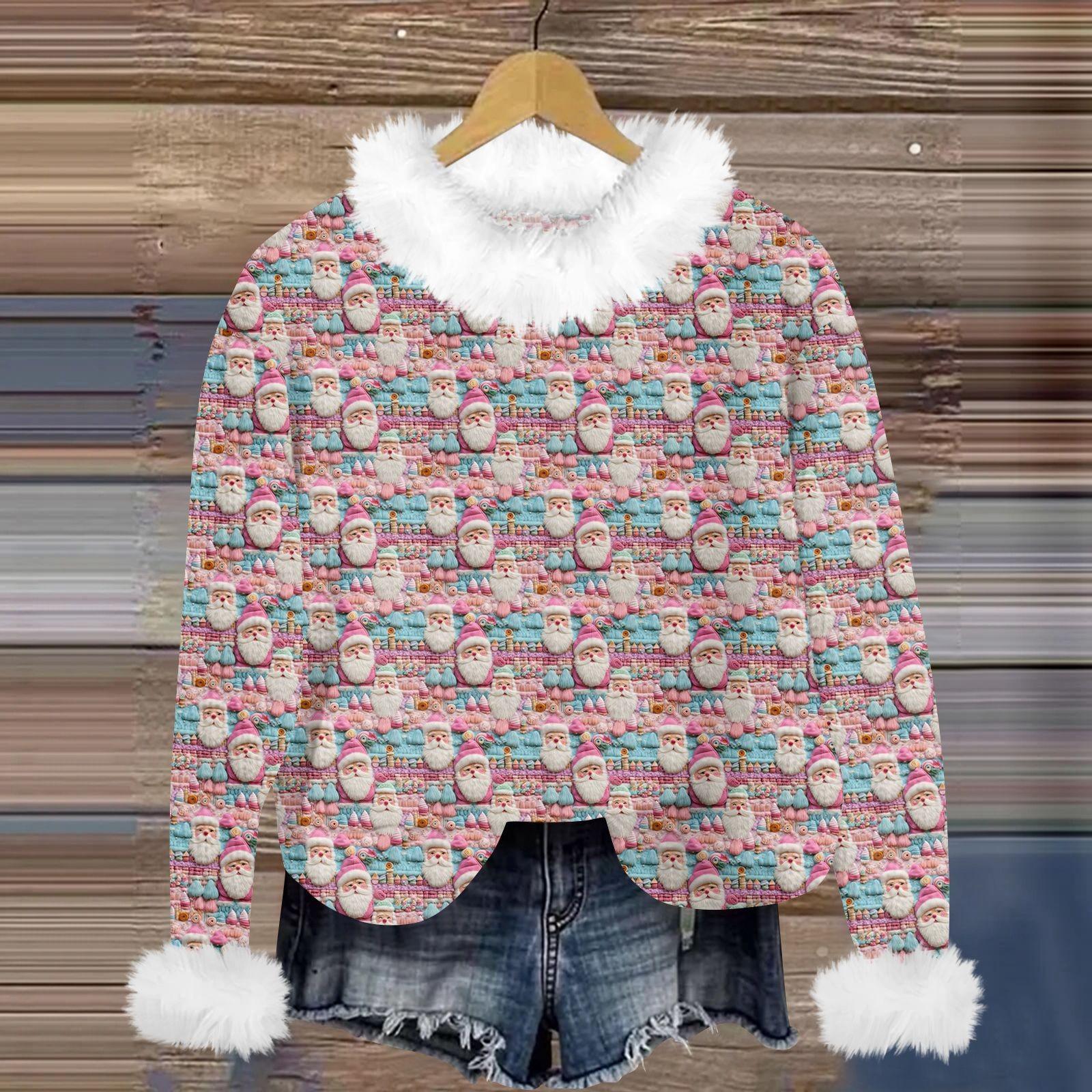 

Свитшоты для женщин Вязаный свитер Милая рубашка Осенний круглый вырез Пуловер с меховым воротником Топы S