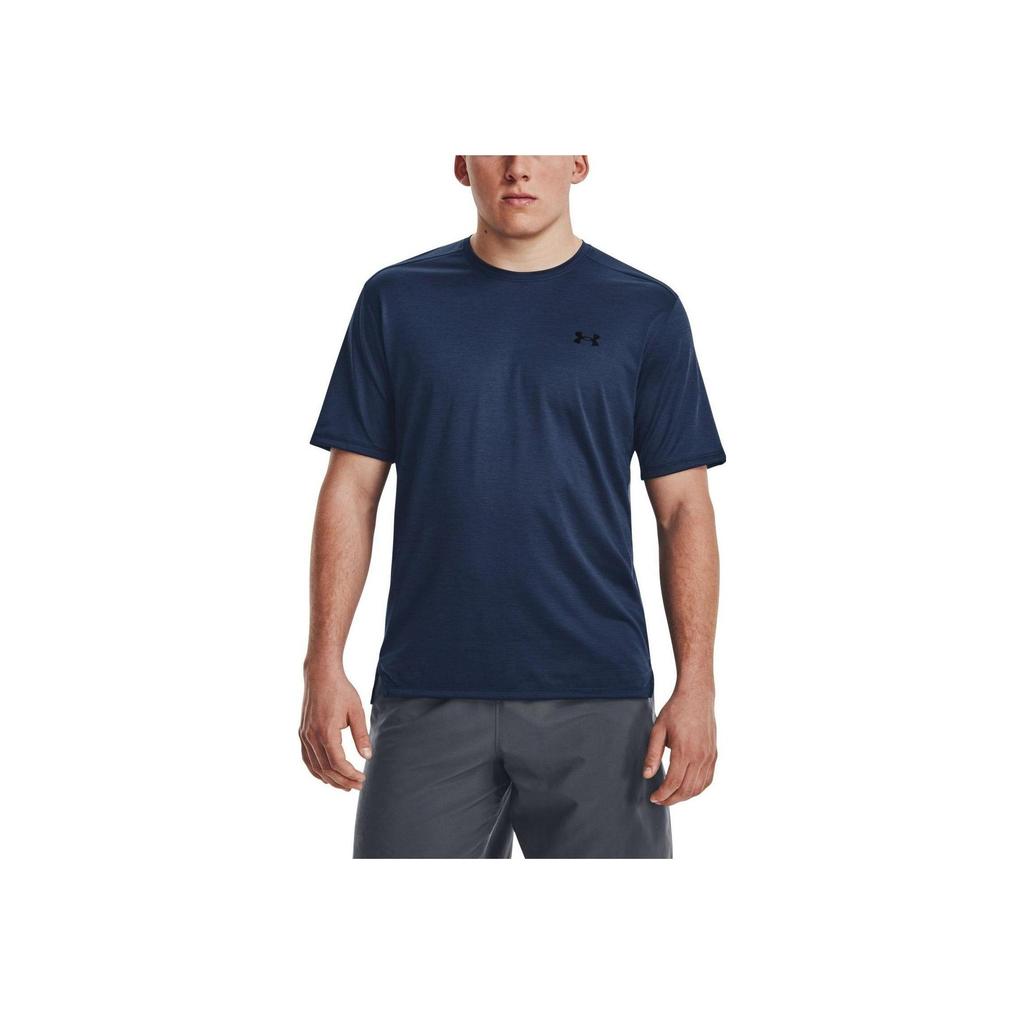 Under Armour Solid Color Crew Neck Side Slit Short Sleeve T-Shirt Men Tops Navy-Blue 1376791-408
