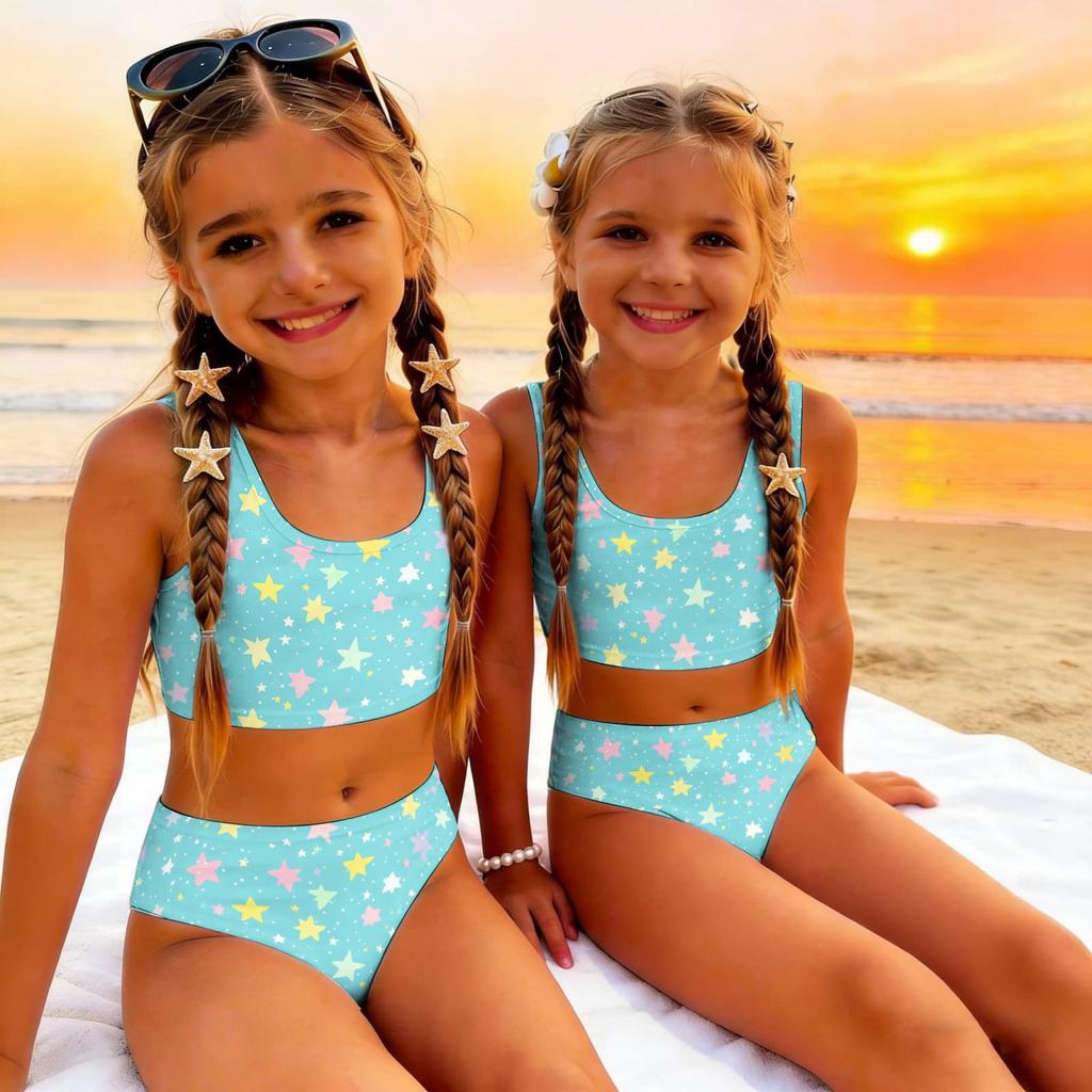 Girls Two Piece Swimsuit Set Tankini Top and Bottom Star Print Summer Beach Swimwear for Kids Lightweight Comfortable Fit